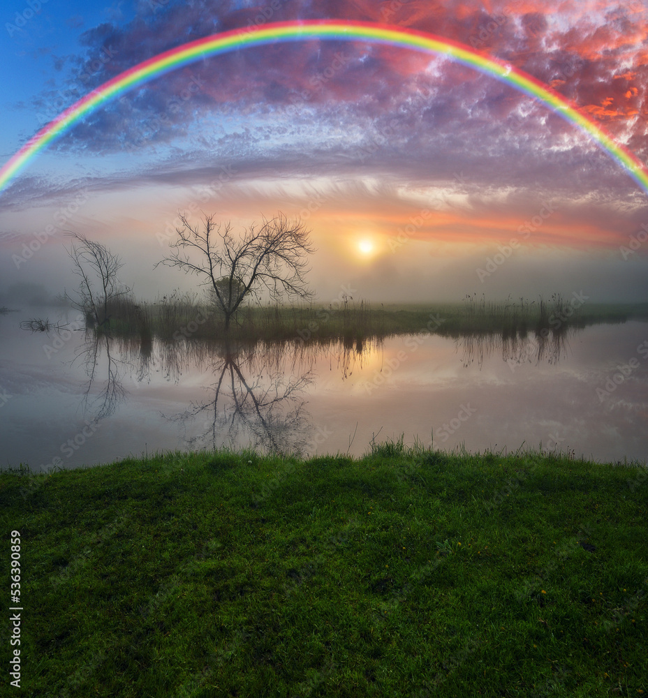 Naklejka premium Landscape with a Rainbow on the River in Spring. colorful morning. nature of Ukraine