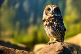 Closeup shot of a Forest owlet sitting on rock with blurred background in the forest