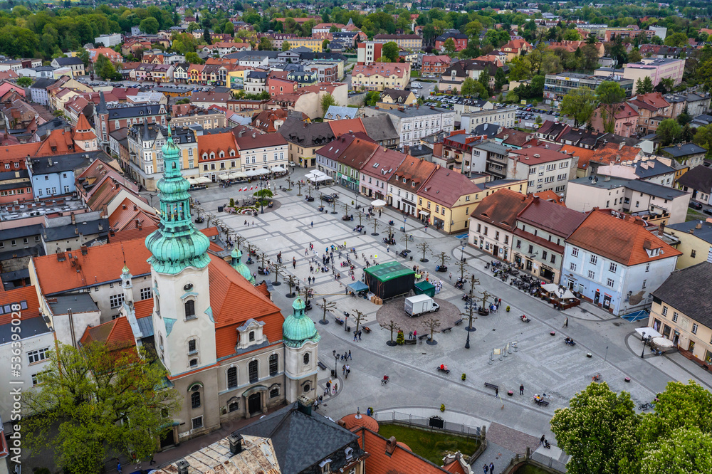 Protestant Church and old Town Market Square in Pszczyna city, Poland