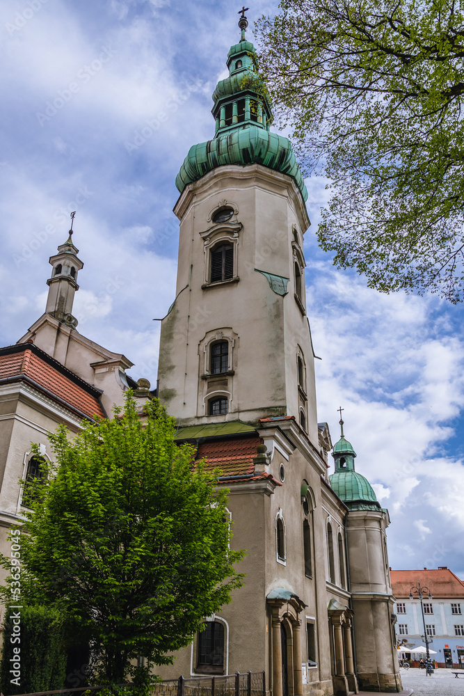 Tower of Protestant Church in historic part of Pszczyna city, Poland