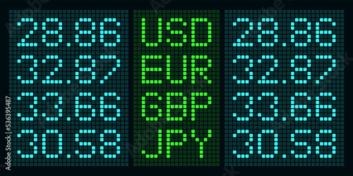 Vector currency market digital display isolated mockup. Exchange rate realistic pixel table. USD, EUR, GBP, JPY virtual font. Blue and green light screen online money rate. Cash growth interface photo