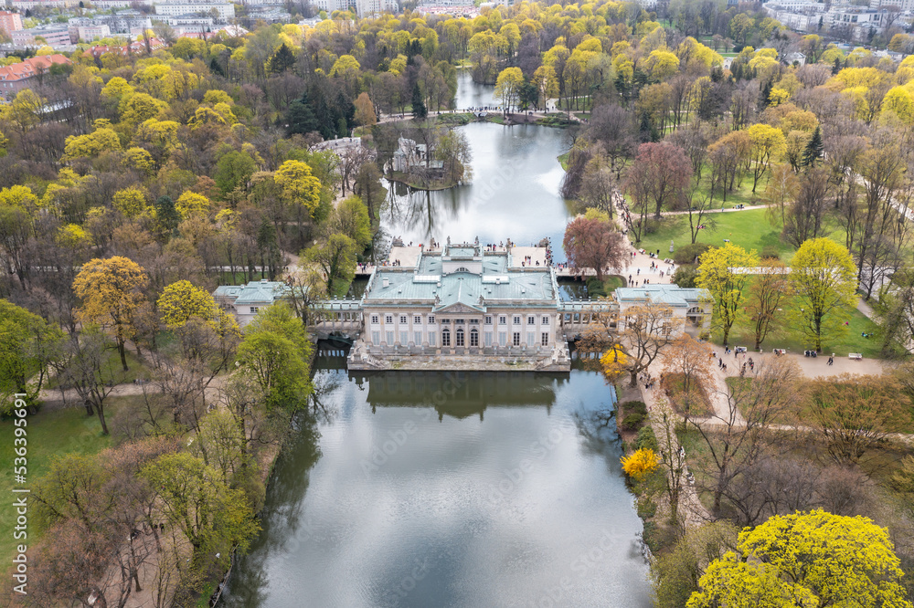 Drone photo of Palace on the Isle in Lazienki Park in Warsaw, Poland