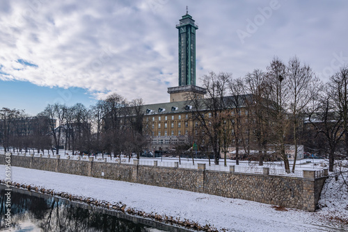 New City Hall and Ostravice river in Ostrava city, Czech Republic