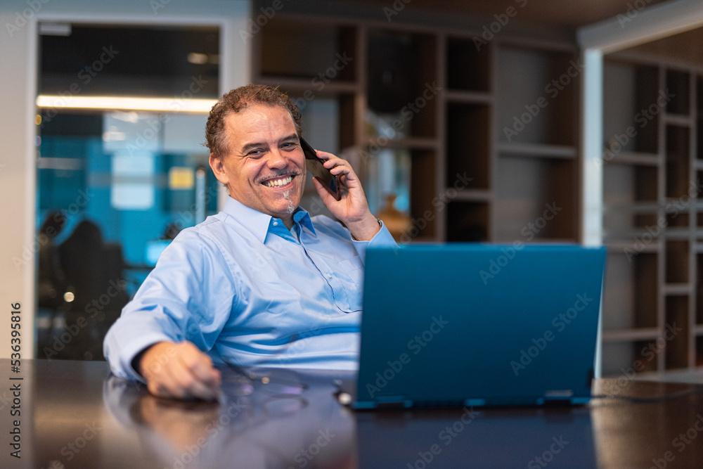 Portrait of mature businessman using laptop computer in office and talking on mobile phone Portrait of mature businessman using laptop computer in office and talking on mobile phone
