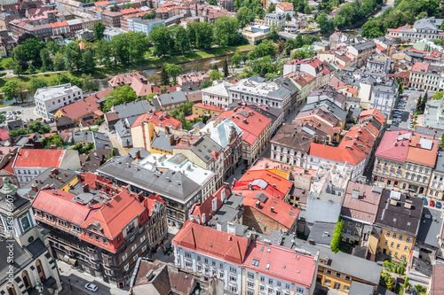 Drone photo of Cieszyn in Poland and Cesky Tesin in Czech Republic photo