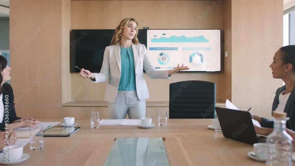 Planning, presentation and business people in a meeting for analytics data, team goals and corporate sales strategy. Leadership, woman and management working on branding, marketing and group project