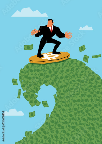 Businessman Surfing Bitcoin on Fiat Wave