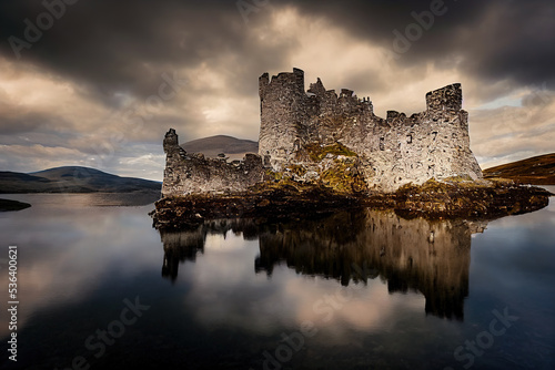 Old, crumbling castle on the lake. Cold, dark skies, autumn. 3d illustration