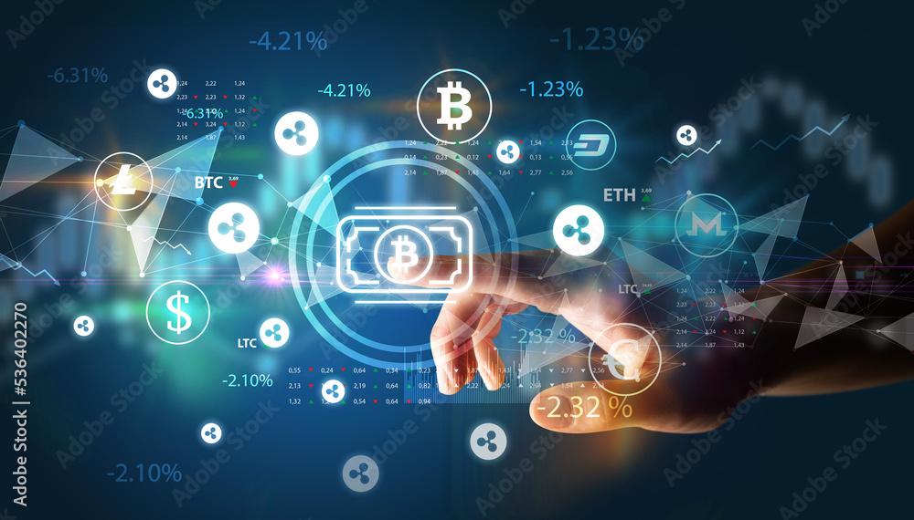 Business person hand pushing currency symbol on multimedia touch screen Business person hand pushing currency symbol on multimedia touch screen