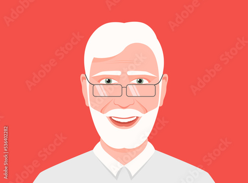 American active old man vector illustration. Gray haired older man with eyeglasses avatar. Smiling male high age poster. Elderly positive face emotions. Happy man face icon. Freelancing in retirement