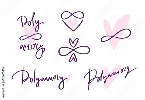 Polyamory hand drawn logo set. Ethical non monogamy concept. Notions of polygamy and open relations. Heart shape sign and infinity symbol.