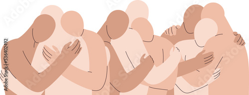 Crowd of naked abstract men and women hug. Polyamory concept. Notions of polygamy, open intimate, romantic and sexual relations, free love. Ethical non monogamy.