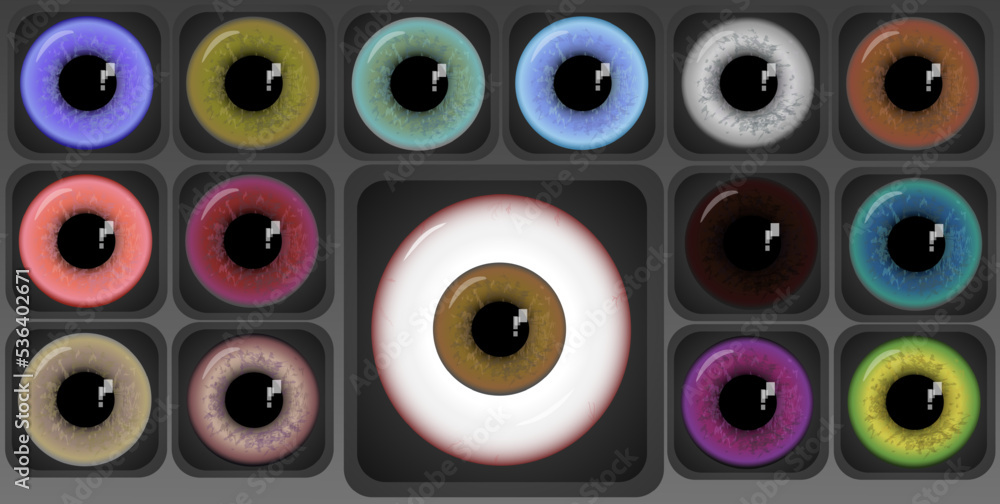 Fototapeta premium Eyeball with set of colored lenses 14 pieces in gray square cells. Vector illustration, isolated, for ophthalmology, web site, advertising