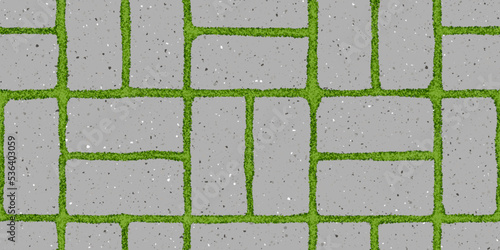 Seamless pattern of old pavement with moss and textured bricks. Vector pathway texture top view. Outdoor concrete slab sidewalk. Cobblestone footpath or patio. Concrete block floor