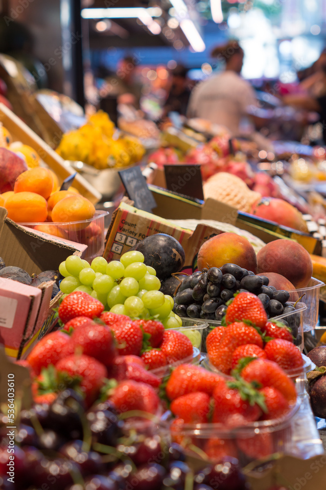 Fruit on display in a Barcelona market. Fruit for sale in a greengrocer's shop. 