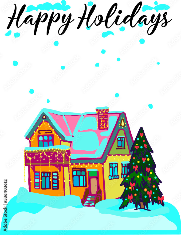 Vector hand drawn Holiday gift cards, winter snowy gift cards, Christmas, New Year congratulations, cozy house, Christmas tree, snow, snowflakes Vector hand drawn Holiday gift cards, winter snowy gift cards, Christmas, New Year congratulations, cozy house, Christmas tree, snow, snowflakes