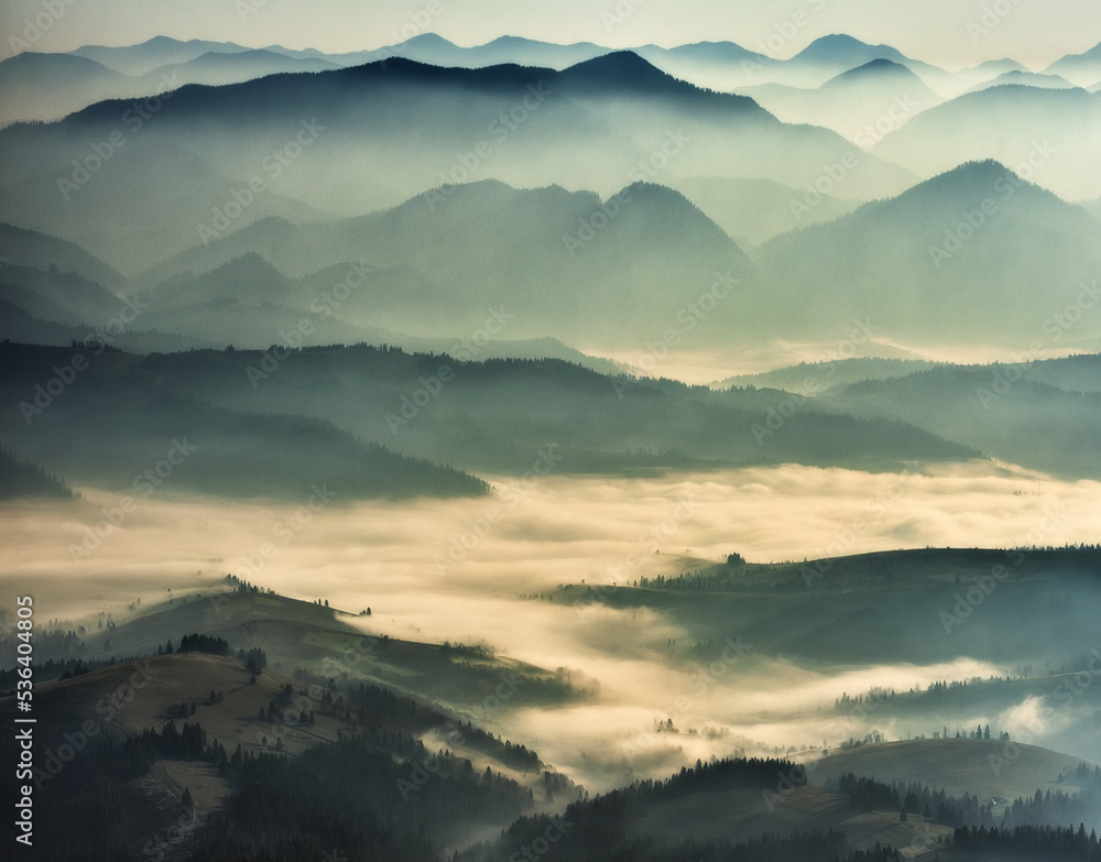 silhouettes of morning mountains. foggy morning in the Carpathians. Mountain landscape