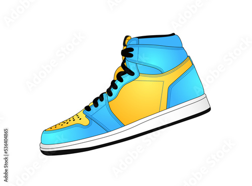 Colorful sneaker silhouette illustration. Yellow and blue high boots icon. Street fashion footwear. Sneakers simple logo. Trainers shoe symbol. Korean fashion shoes isolated on white background