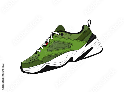 Green sneaker vector silhouette isolated on white background. Military color sneakers. Trainers shoe illustration. Casual footwear logo. Men shoes icon. Teenager wear icon. Modern fashion, side view