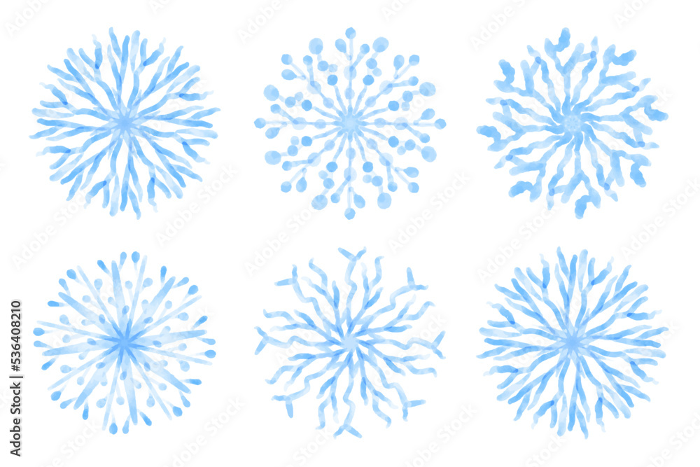 Collection of artistic blue snowflakes with watercolor texture. Stock vector set. Can be used for printed materials, prints, posters, cards, logo. Abstract background. Hand drawn decorative elements.