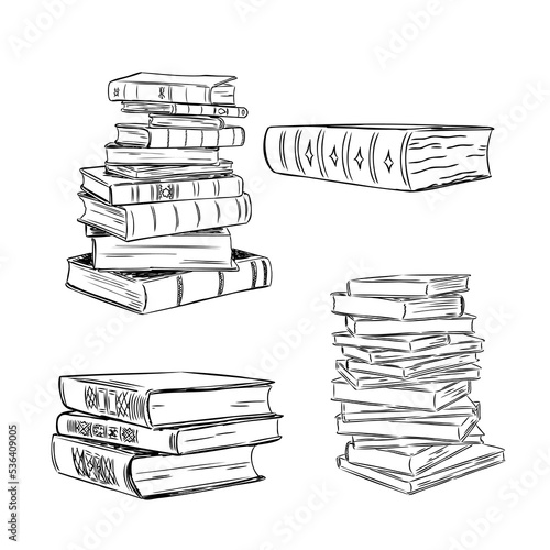 Books vector collection. Pile of books. Hand drawn illustration in sketch style. Library, Books shop