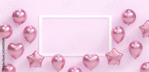 3d banner of realistic pink balloons flying. Vector illustration for card, Baby shower, gender reveal party Invitation, design, flyer, poster, decor, web, advertising