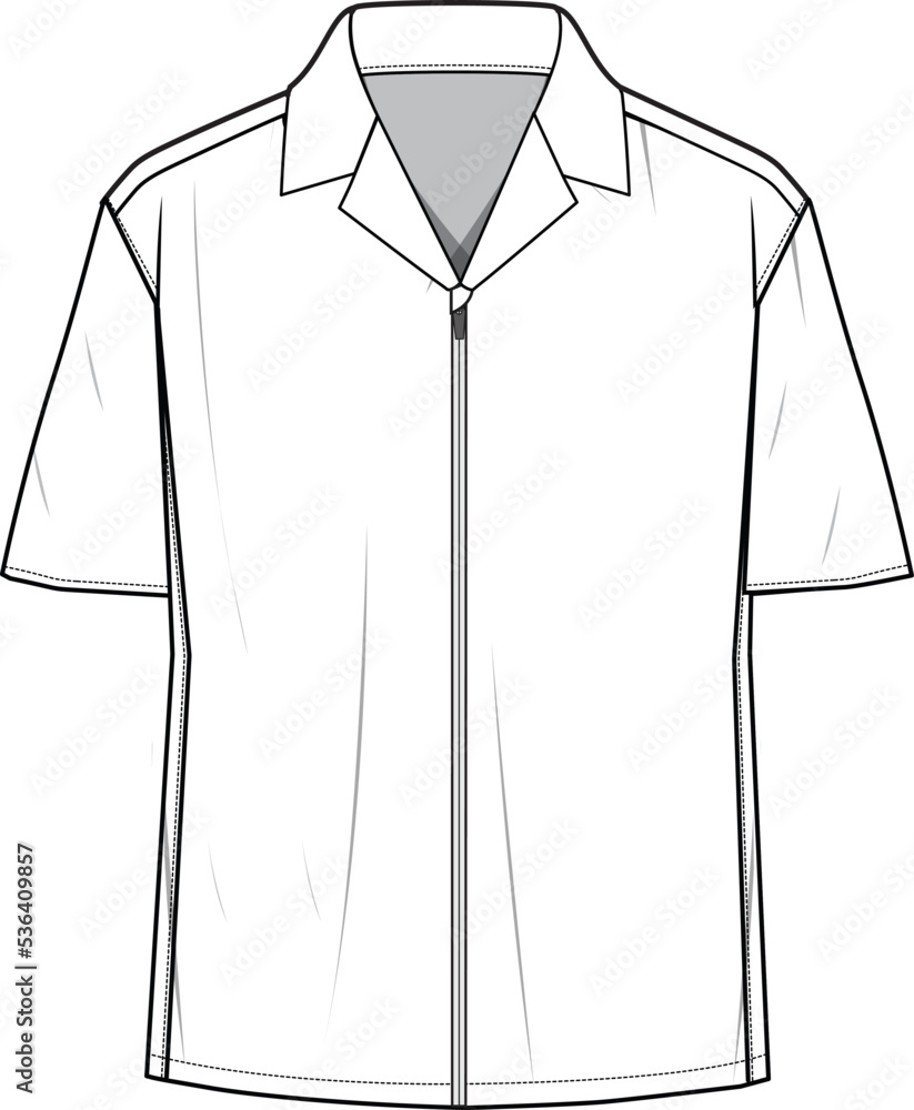 Mens short sleeve resort shirt flat sketch illustration, Cuban collar ...