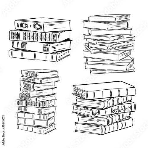 Books vector collection. Pile of books. Hand drawn illustration in sketch style. Library, Books shop