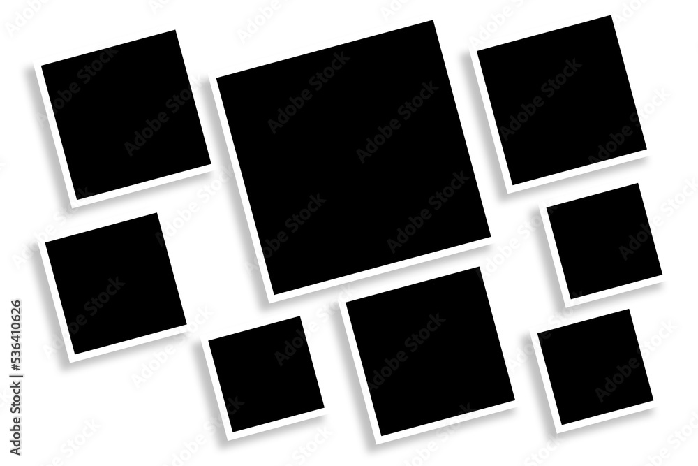 8 Blank square photo frames in black & white color & a cool oblique layout. Used as a printable photo collage template or a mock up for album pictures or photographs collection in a classic old style. 8 Blank square photo frames in black & white color & a cool oblique layout. Used as a printable photo collage template or a mock up for album pictures or photographs collection in a classic old style.