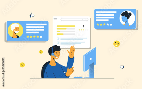Relation client
Un homme répond aux questions de ses clients. Les clients note la qualité de sa prestation.