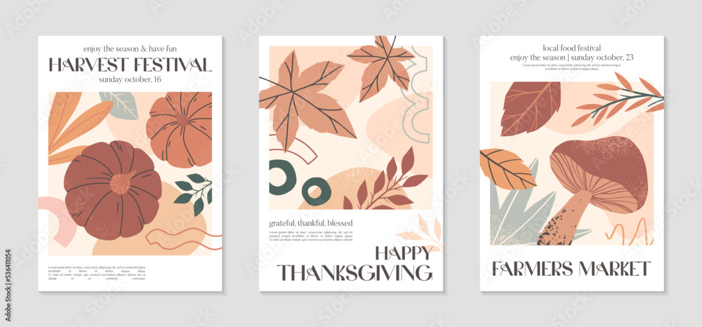 Happy Thanksgiving dinner and harvest posters with pumpkins,foliage and copy space for text.Modern autumn covers for invitations,social media marketing,greetings,brochure.Trendy holiday backgrounds.
