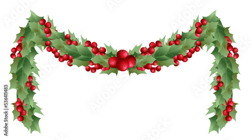 festive traditional Christmas decor holly garland, with bright red berries