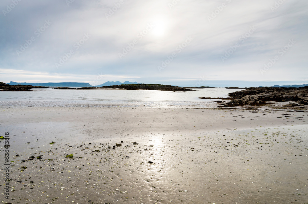 Traigh Beach,deseted, at sunset and view across the bay,Arisaig,Highlands of Scotland,UK.