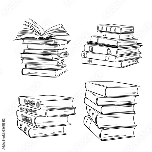 Books vector collection. Pile of books. Hand drawn illustration in sketch style. Library, Books shop