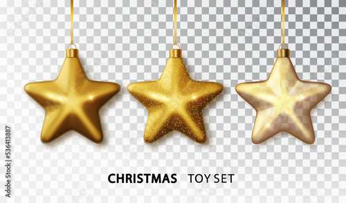 Gold Christmas tree toy set in the form of a star isolated on a transparent background. Stocking Christmas decorations. Vector object for christmas design, mockup. Vector realistic object.