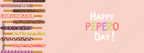 Happy pepero day background vector illustration with copy space for text. Assorted chocolate dipped pepero sticks and celebration colorful text. Vector illustration