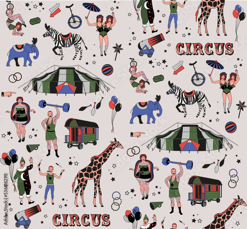 The Clown, The Snake Lady,The Knife Thrower, The strong man, The siamese twins,The Gymnast Girl ,Elephant, Zebra, Giraffe, Circus Tent.