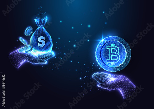 Concept of cryptocurrency exchange value with hands holding bitcoin and bag of dollar coins on dark blue 