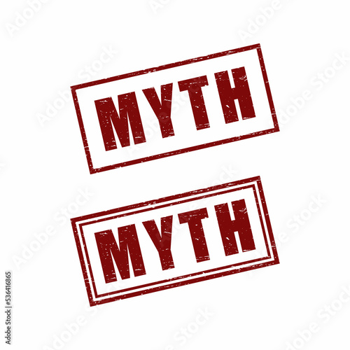 Myth red square grunge stamp, vector illustration