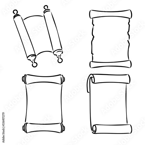 Set of empty scrolls. Hand drawn sketch style vintage scrolls and banners collection. Vector illustrations isolated on white background.