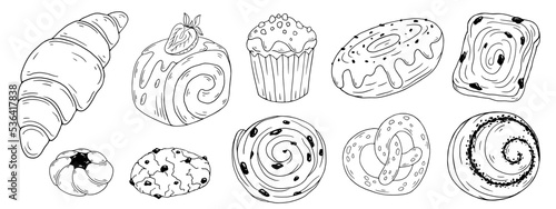 A set of linear sketches of various sweet pastries, desserts, cookies. Vector graphics.