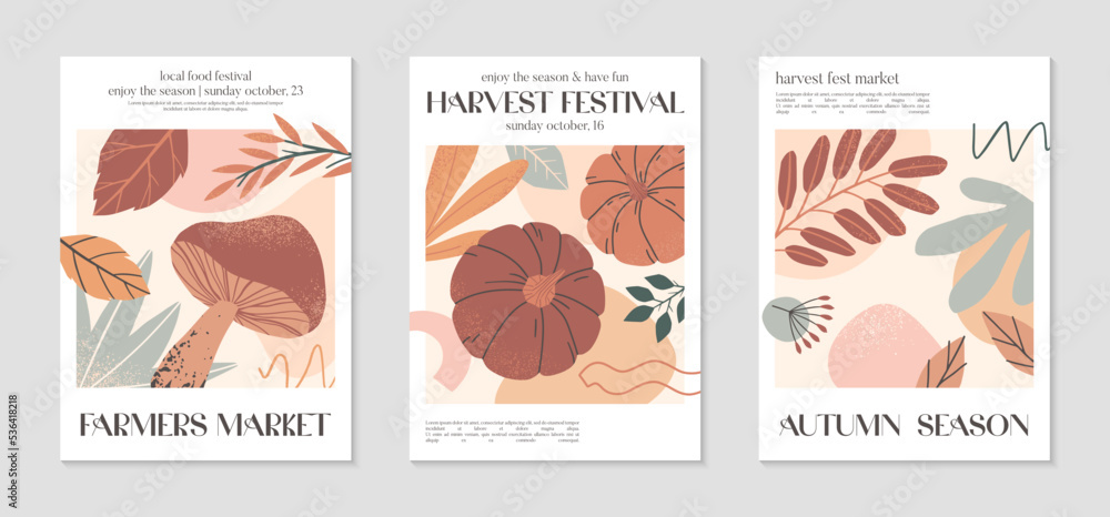 Autumn harvest festival posters with pumpkins,foliage and copy space for text.Farmers autumn market covers for invitations,social media marketing,greetings,brochure.Harvest fest vector illustrations