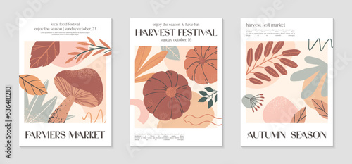 Autumn harvest festival posters with pumpkins,foliage and copy space for text.Farmers autumn market covers for invitations,social media marketing,greetings,brochure.Harvest fest vector illustrations