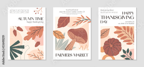 Happy Thanksgiving dinner and harvest posters with pumpkins,foliage and copy space for text.Modern autumn covers for invitations,social media marketing,greetings,brochure.Trendy holiday backgrounds.