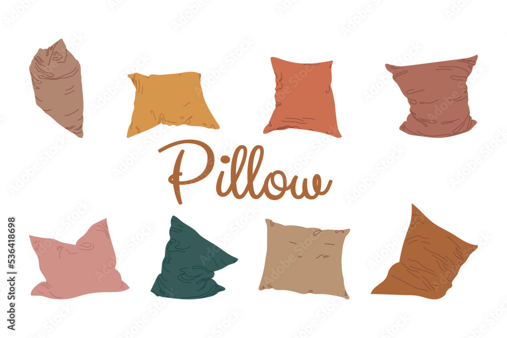 Pillow set vector illustration isolated on white background. Interior textile. Colorful simple cushions of warm neutral colors with soft folds Pajama party symbol Flat style Pillow set vector illustration isolated on white background. Interior textile. Colorful simple cushions of warm neutral colors with soft folds Pajama party symbol Flat style