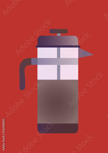 French Press Illustration. Coffee vector illustration witch red background. 