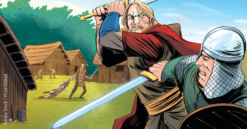 Bild auf Leinwand medieval viking raid - viking attack - medieval battle