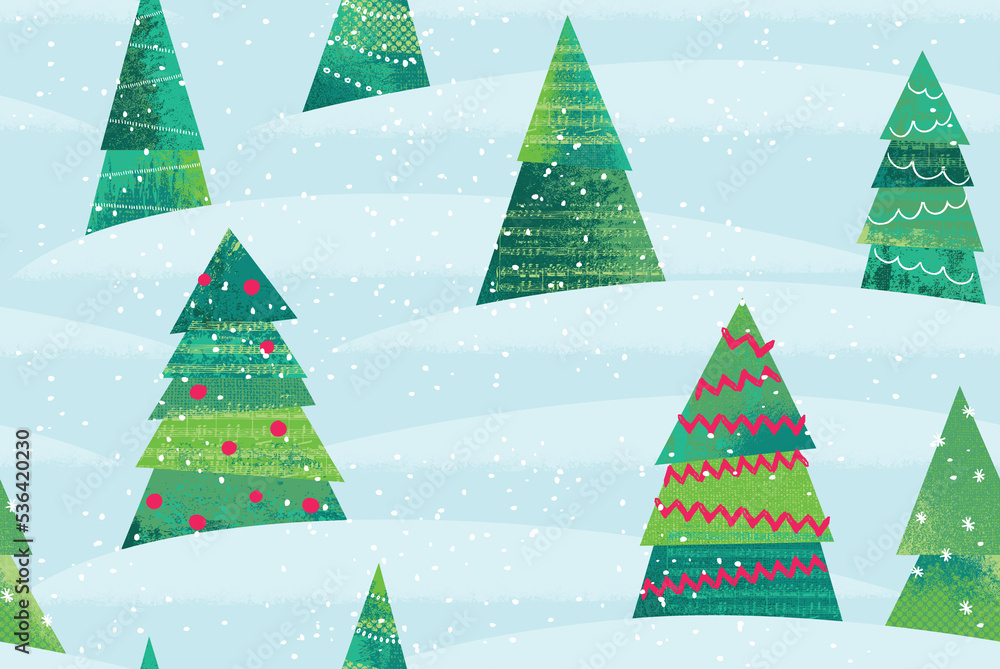 Christmas Tree Wonderland Illustrated Seamless Vector Pattern