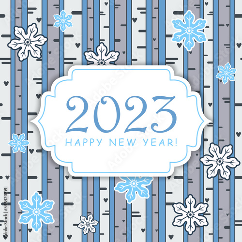 Happy new year greeting card template. Winter forest with snowflakes vector