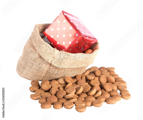 Jute bag with ginger nuts and presents, a Dutch tradition at Sinterklaas event in december isolated on transparent background